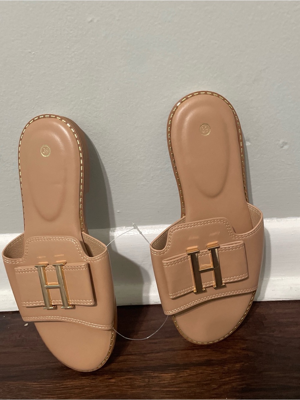 Nude Leather Slide Sandals with Gold H Hardware